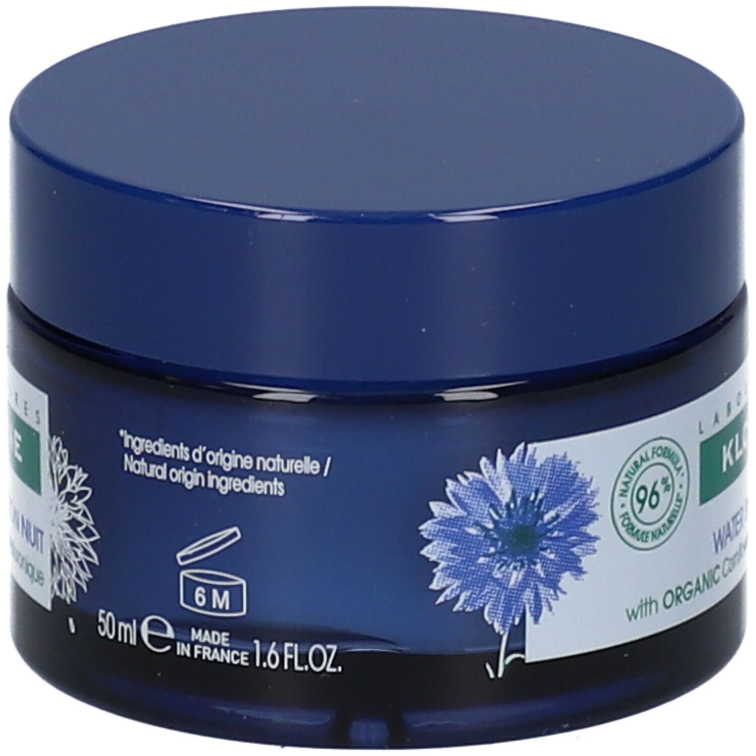 Pot bleu avec couvercle. Inscription: Klorane, Water Sleeping Mask. 50ml. Fabriqué en France.