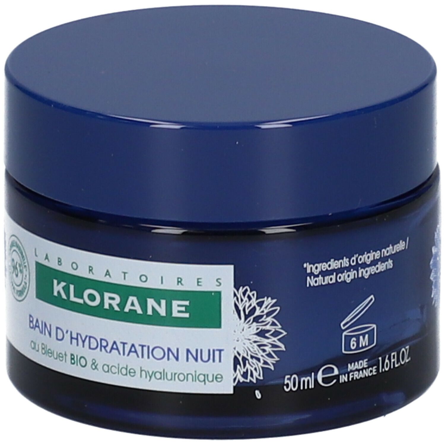 Pot bleu avec couvercle. Inscription: Klorane, Bain d'Hydratation Nuit. 50ml. Fabriqué en France.