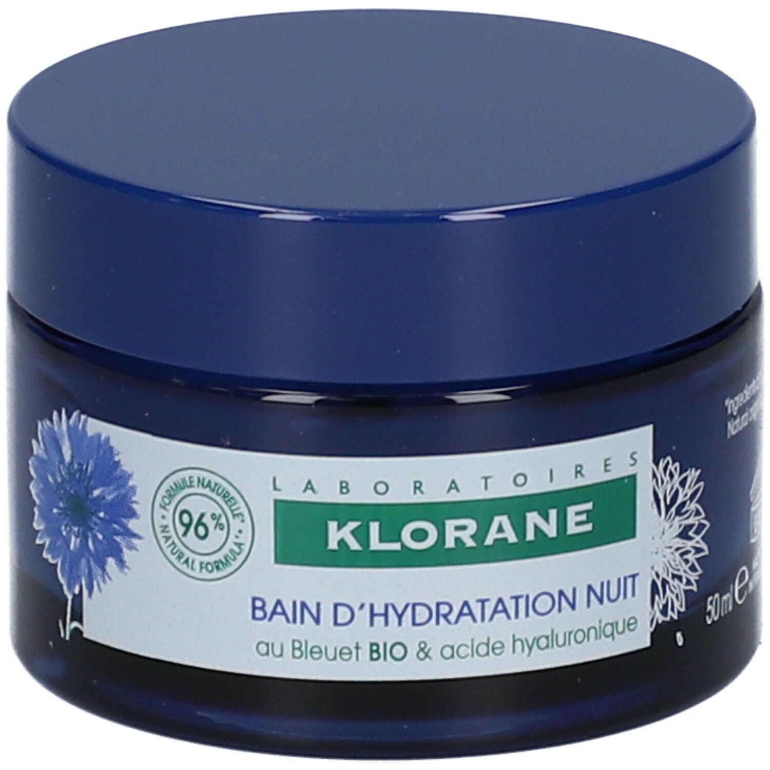 Pot bleu avec couvercle. Inscription: Klorane, Bain d'Hydratation Nuit. 50ml. Fabriqué en France.