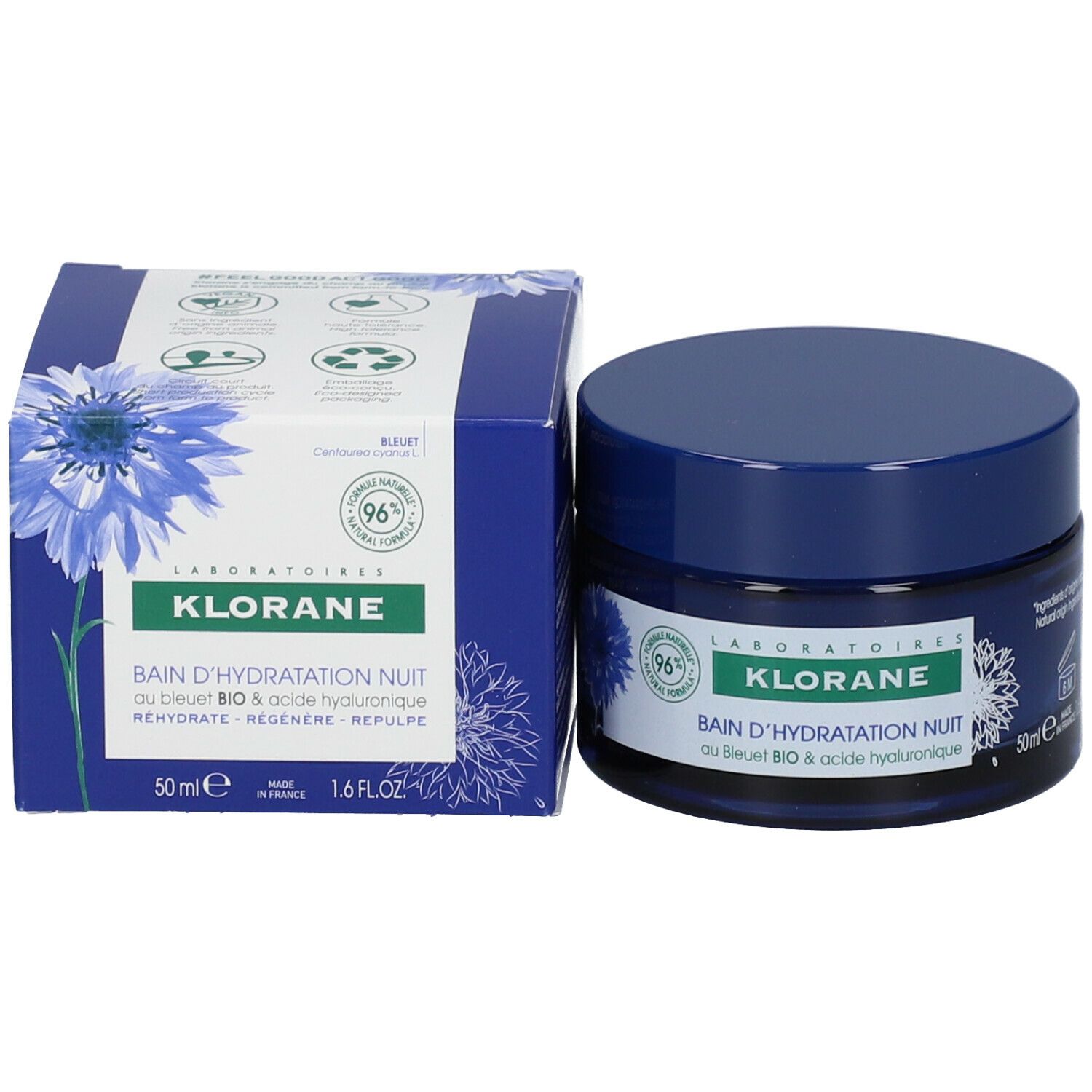 Pot bleu avec couvercle. Inscription: Klorane, Bain d'Hydratation Nuit. 50ml. Fabriqué en France.