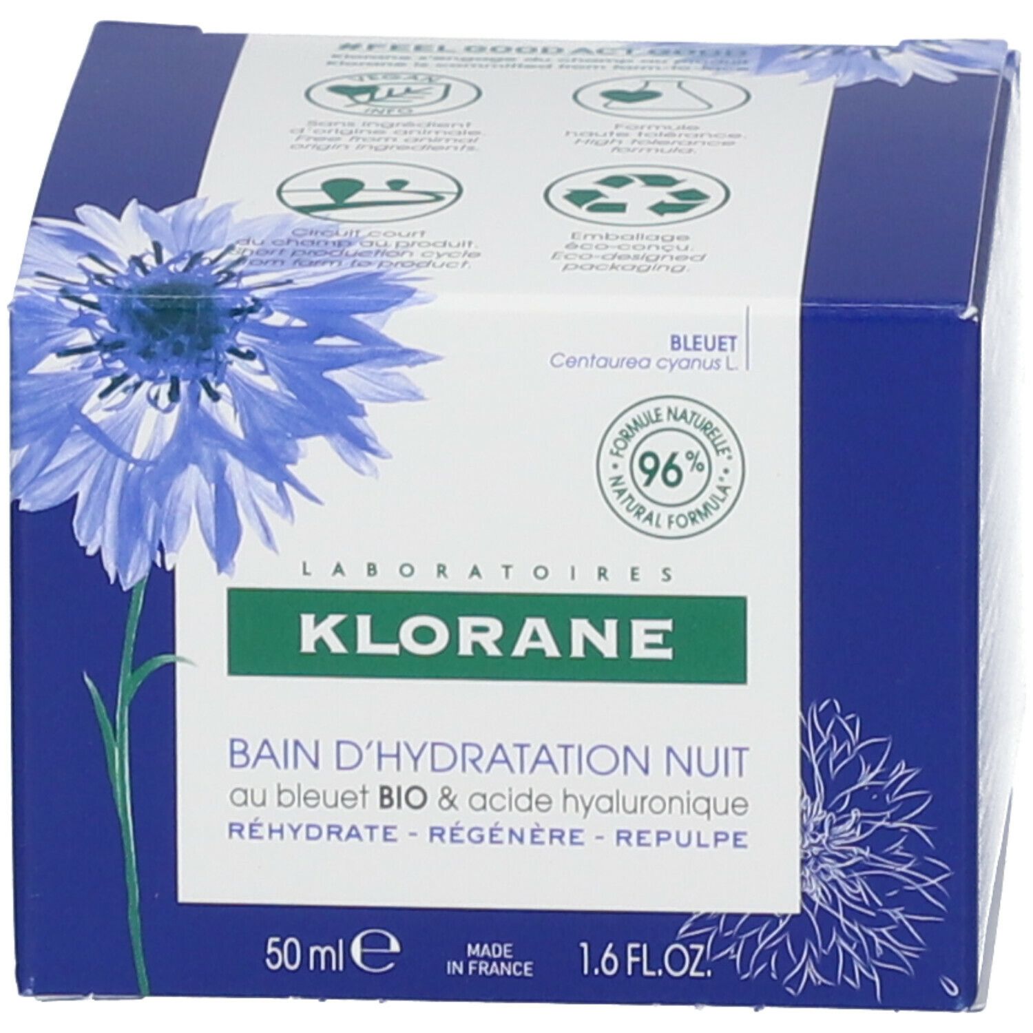 Pot et boîte bleus. Inscription: Klorane, Bain d'Hydratation Nuit. Motif bleuet. 50ml.