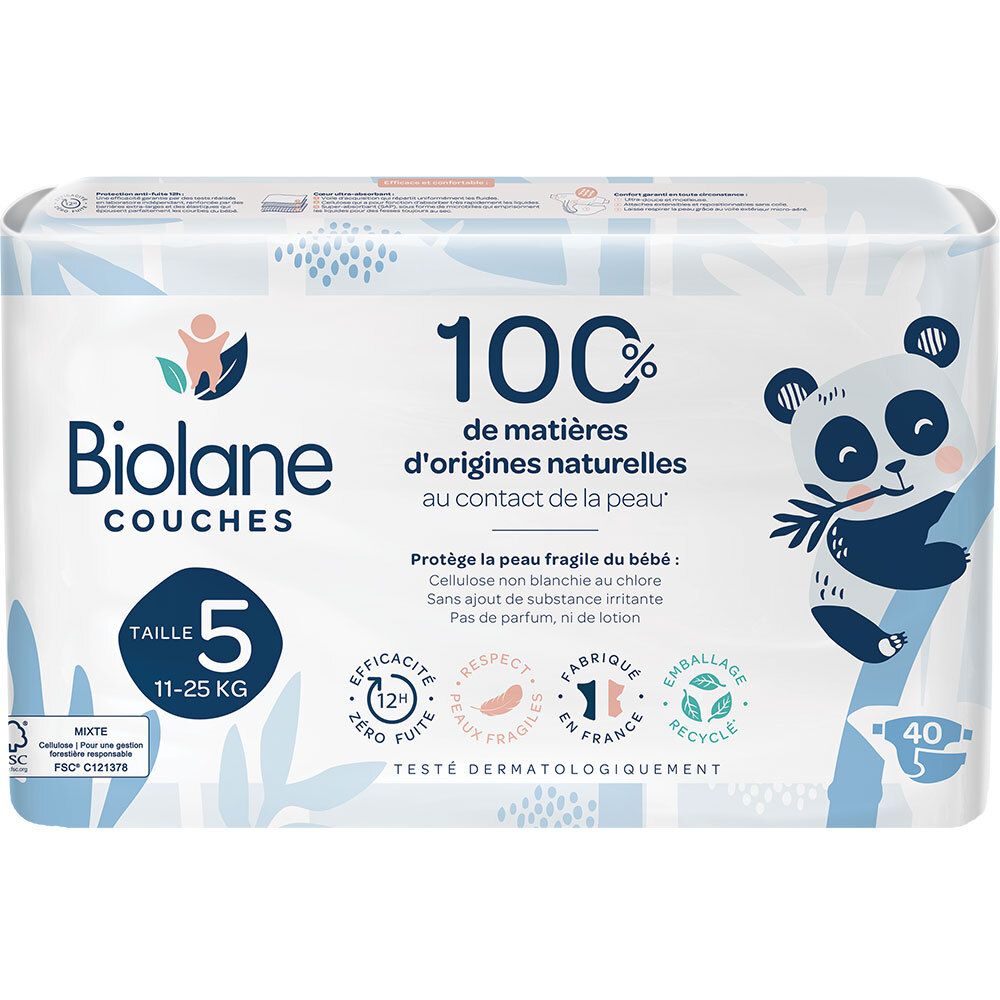 Paquet de couches Biolane taille 5, 11-25 kg, 100% matières naturelles. Motif panda. 40 couches.
