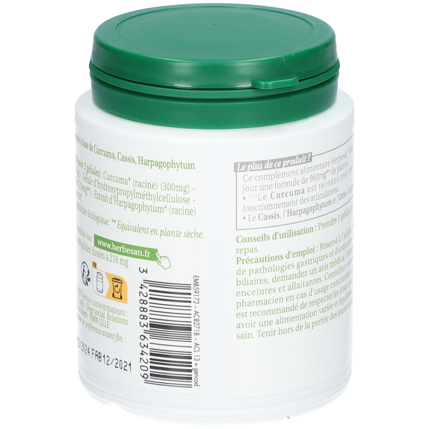 Flacon blanc HERBESAN Bio Articulations. Liste des ingrédients en français. Couvercle vert. Label AB.