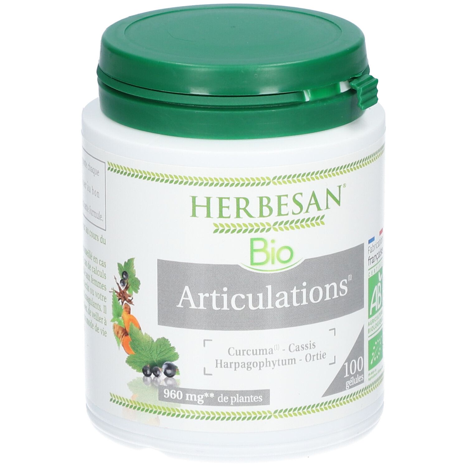 Flacon blanc HERBESAN Bio Articulations, 100 gélules. Ingrédients : Curcuma, Cassis, Harpagophytum, Ortie. Couvercle vert.