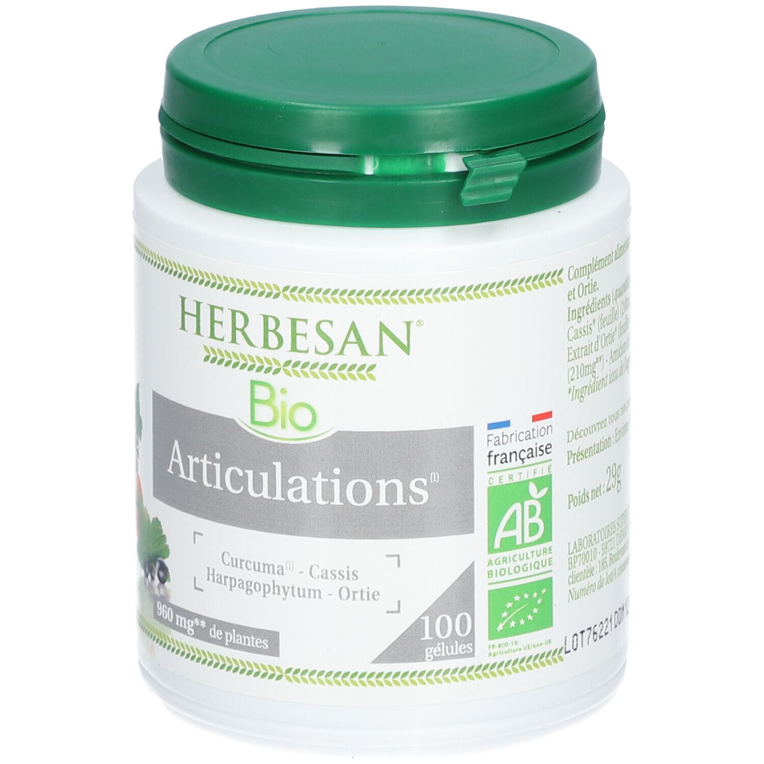 Flacon blanc HERBESAN Bio Articulations, 100 gélules. Ingrédients : Curcuma, Cassis, Harpagophytum, Ortie. Couvercle vert.