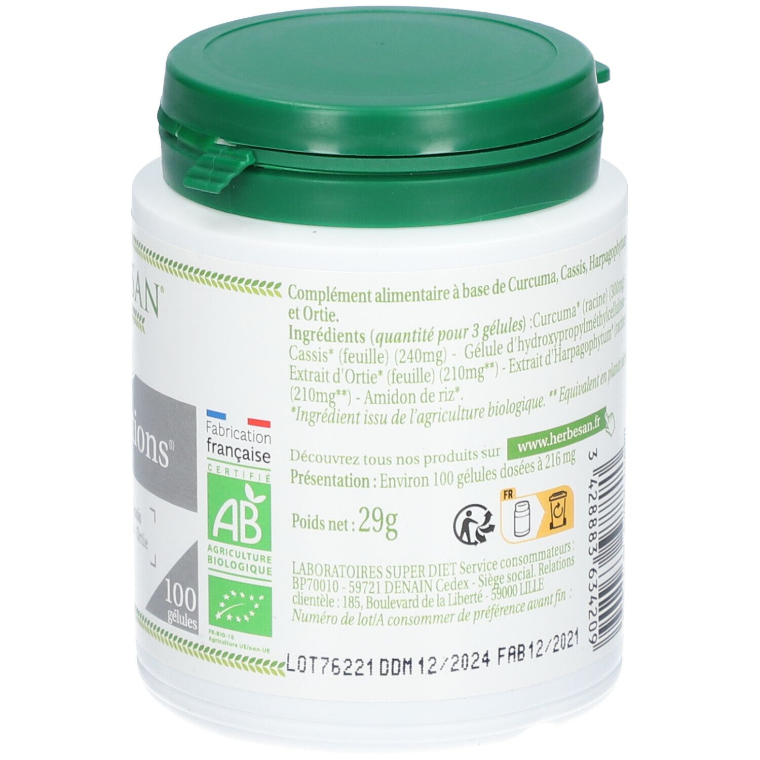 Flacon blanc HERBESAN Bio Articulations, 100 gélules. Ingrédients et informations en français. Couvercle vert.