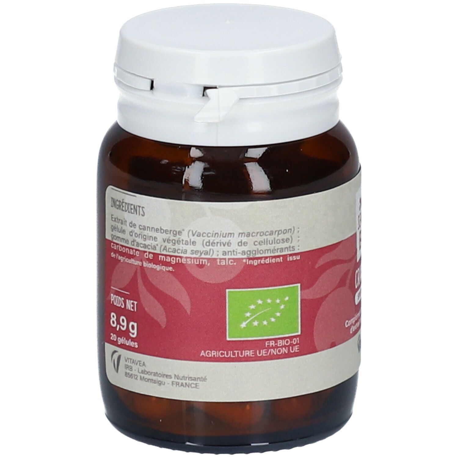 Dos du flacon. Liste des ingrédients, label bio et poids net de 8,9g. 20 gélules.