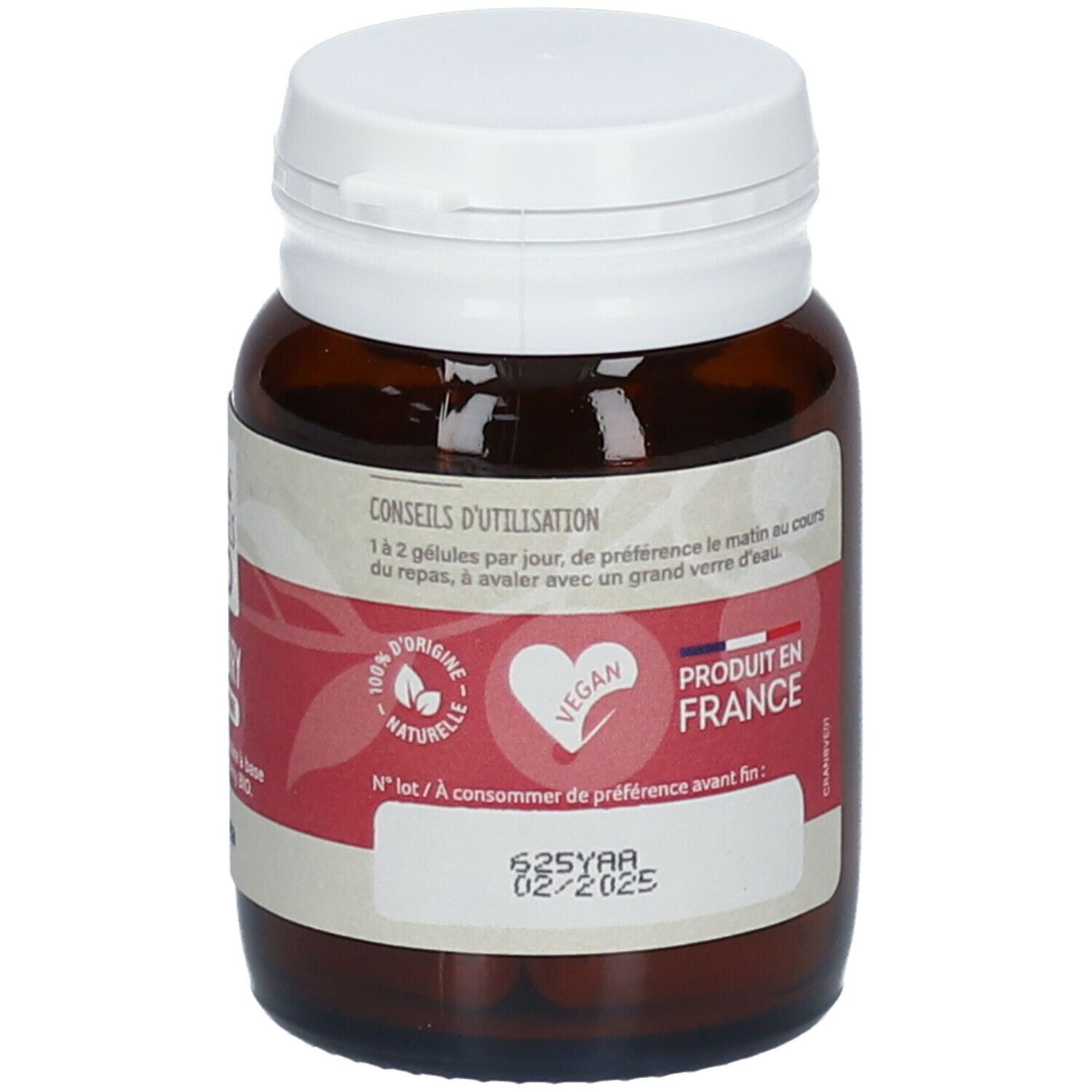 Flacon avec gélules. Conseils d'utilisation. Label vegan. Date de péremption : 02/2025.
