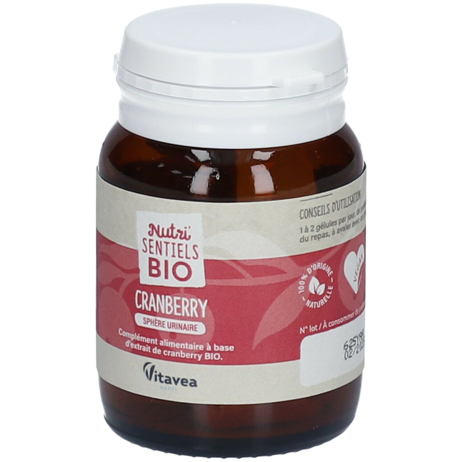 Flacon en verre brun avec couvercle blanc. Étiquette avec nom du produit et label bio. Complément alimentaire à la cranberry.
