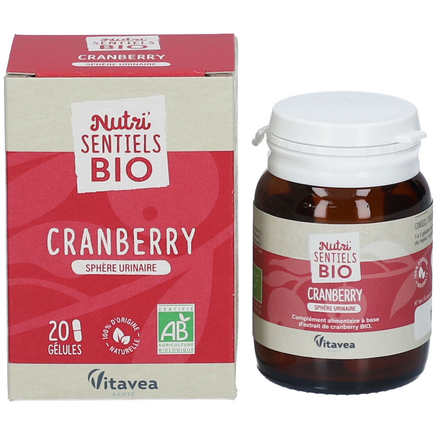 Emballage et flacon. Emballage avec nom du produit et label bio. Flacon avec gélules.