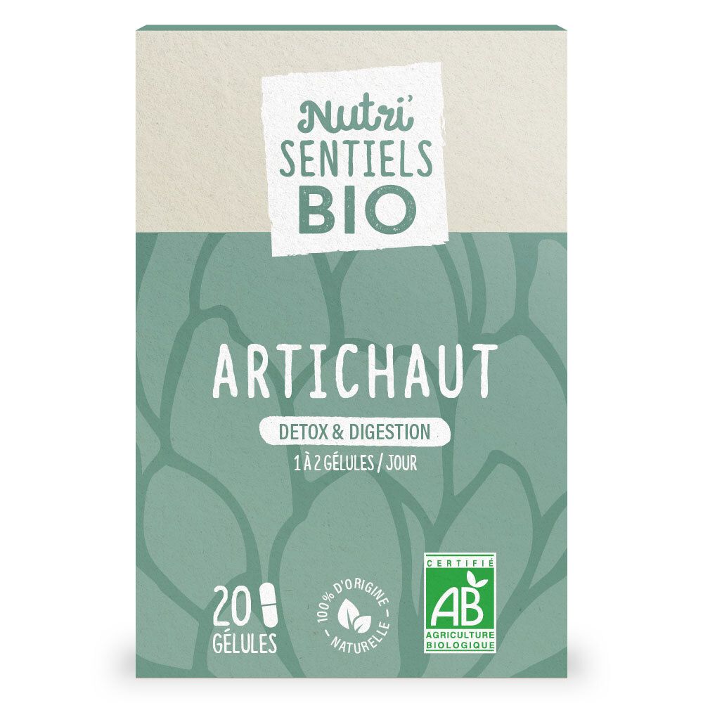 Boîte NUTRI'SENSIELS BIO Artichaut. Design vert et blanc, nom du produit et certification AB. Contient 20 gélules.