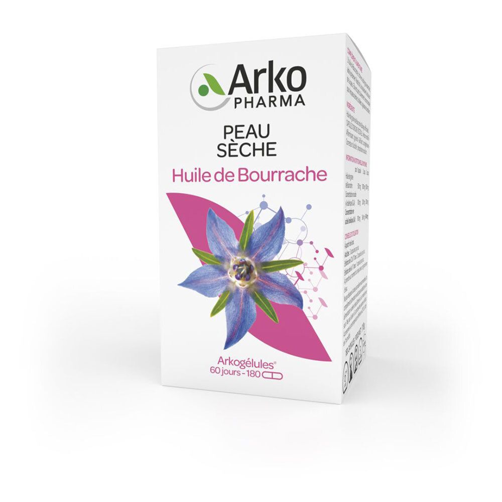 Boîte blanche Arkopharma. Texte: Peau Seche, Huile de Bourrache. Illustration d'une fleur. Inscription: Arkogélules 60 jours - 180 gélules.
