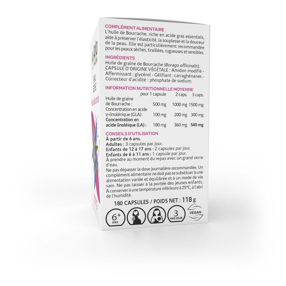 Dos de la boîte. Texte en français. Contient des informations sur les ingrédients et l'utilisation. 180 capsules/Poids net: 118g.