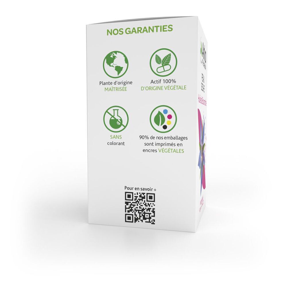 Côté de la boîte. Logos: environnement, origine végétale, sans colorant, encres végétales. Code QR.