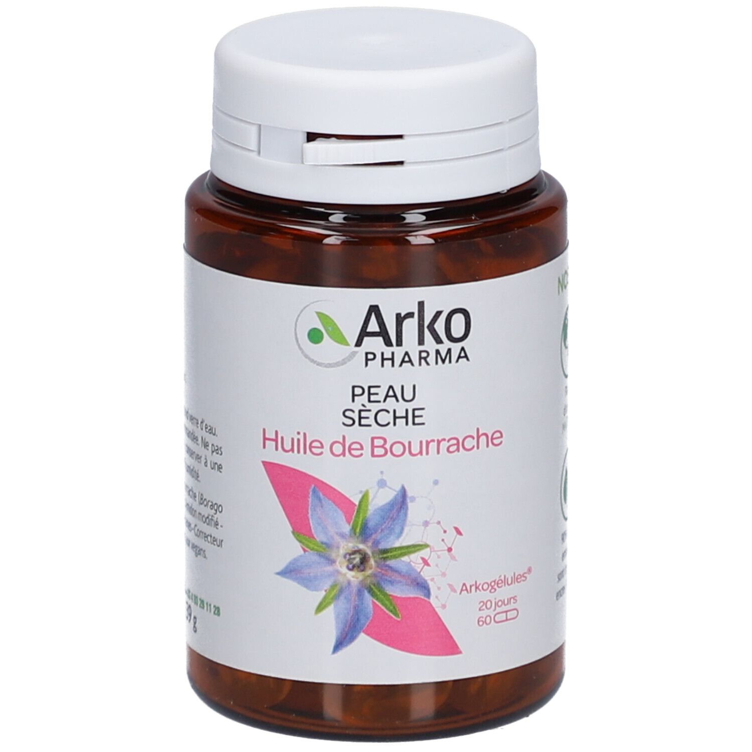 Flacon marron avec bouchon blanc. Étiquette avec nom du produit, marque Arko Pharma et image de fleur. 60 gélules.