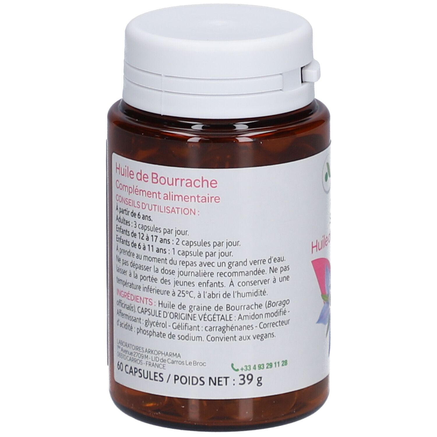 Dos du flacon. Texte avec conseils d'utilisation, ingrédients et informations fabricant. 60 gélules, 39 g.