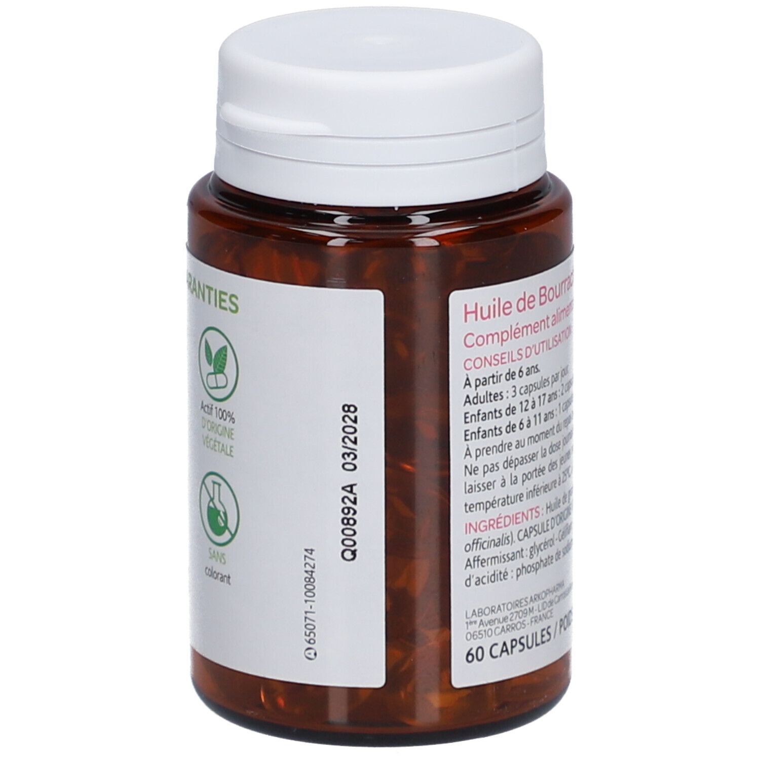 Dos du flacon. Autocollant avec date de péremption et logos. 60 gélules.