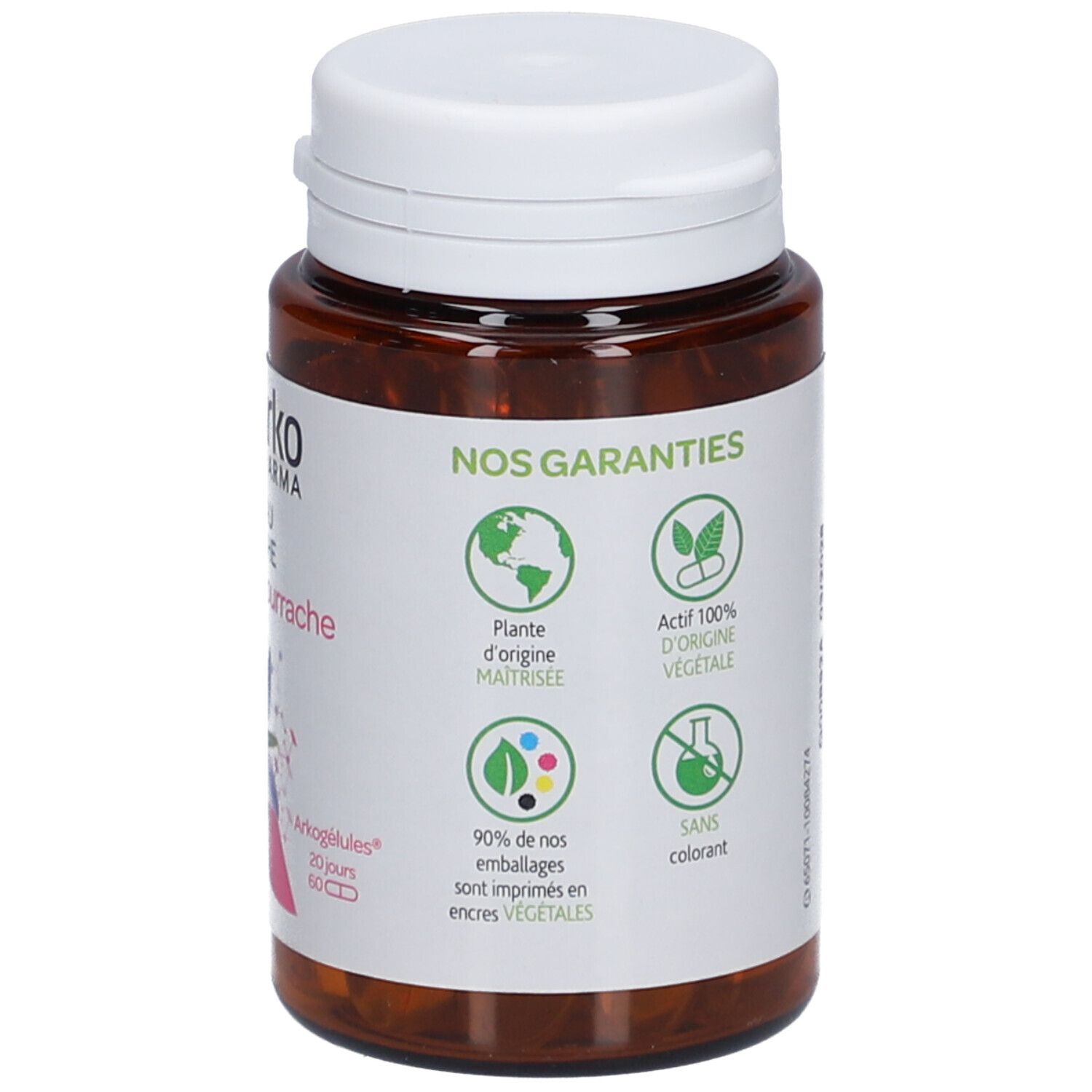 Dos du flacon. Logos et garanties : Plante d'origine maîtrisée, 100% d'origine végétale, sans colorant.