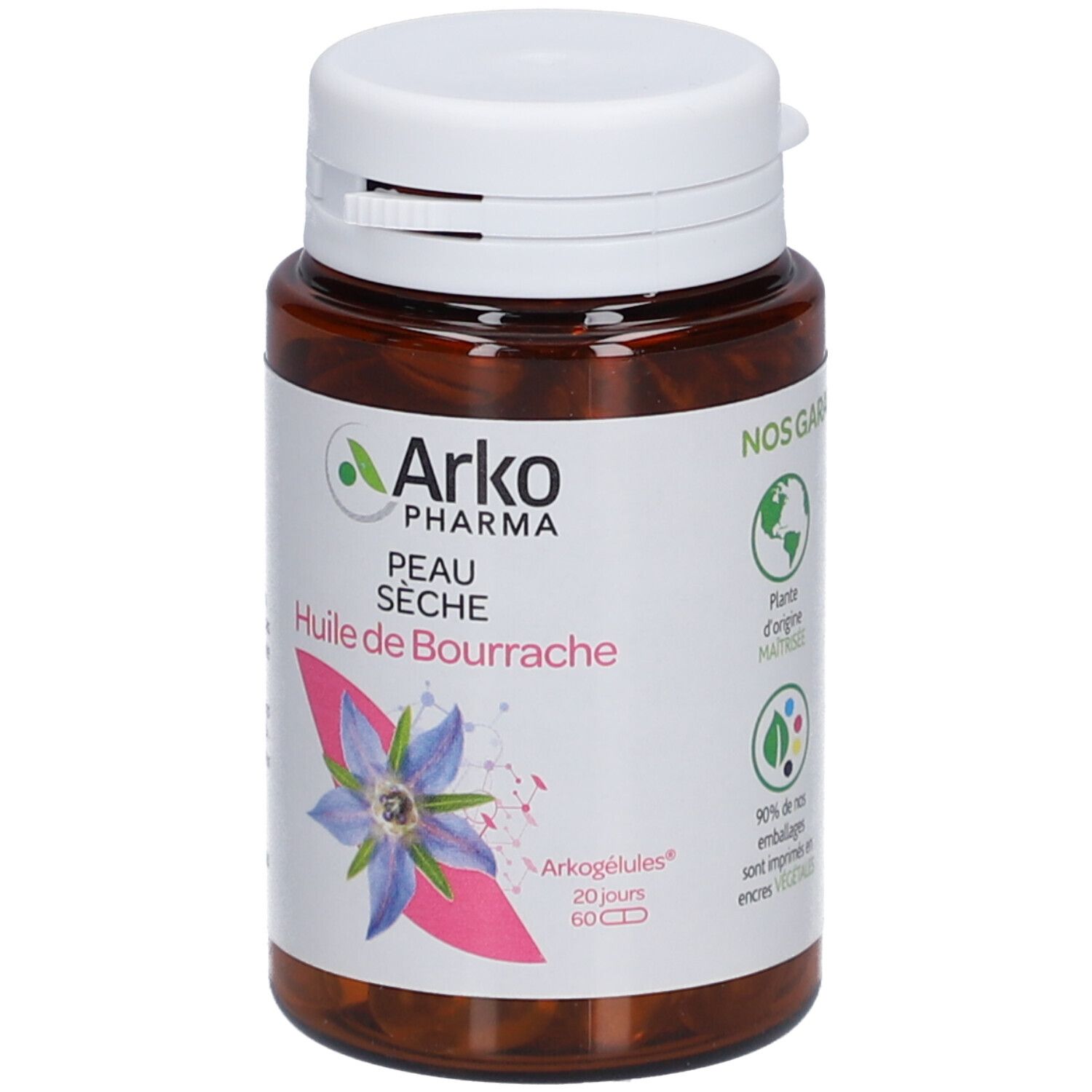 Flacon marron avec bouchon blanc. Étiquette avec nom du produit, marque Arko Pharma et image de fleur. 60 gélules.