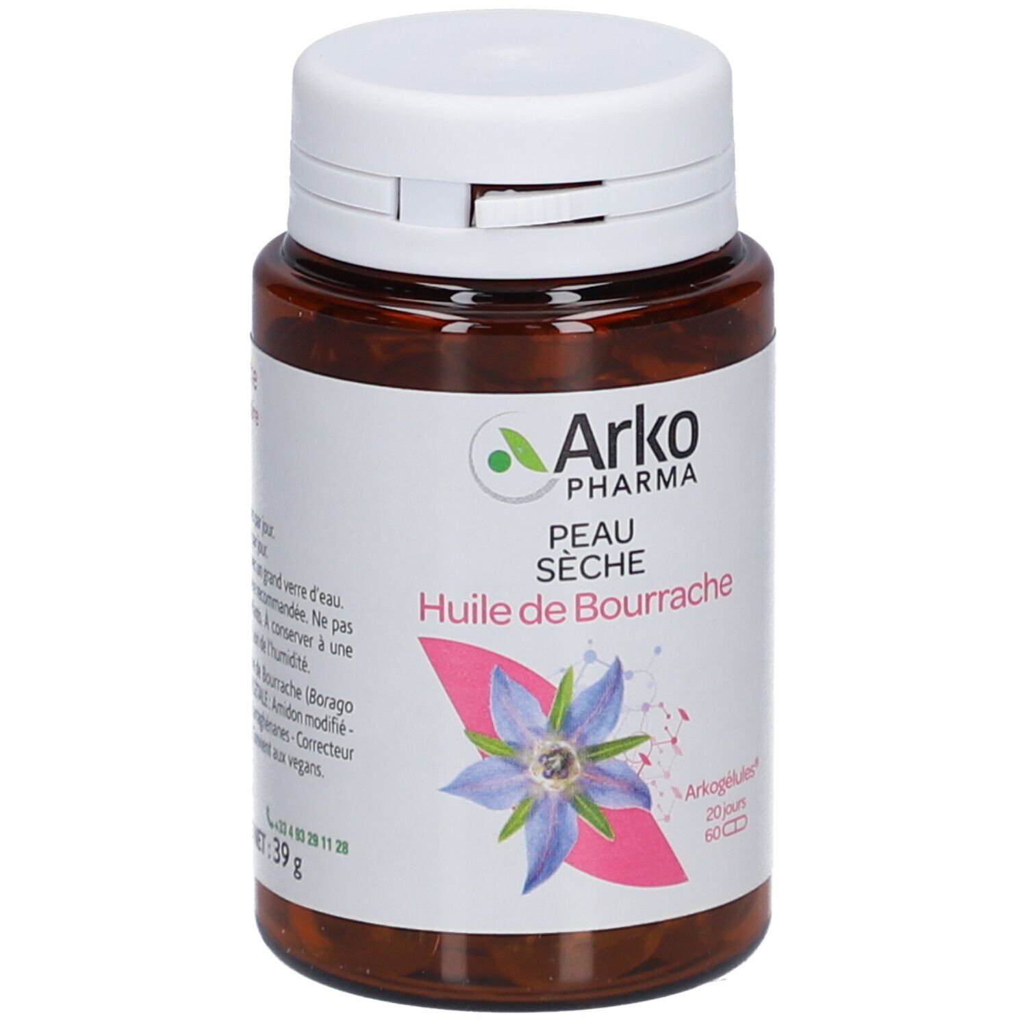 Flacon marron avec bouchon blanc. Étiquette avec nom du produit, marque Arko Pharma et image de fleur. 60 gélules.