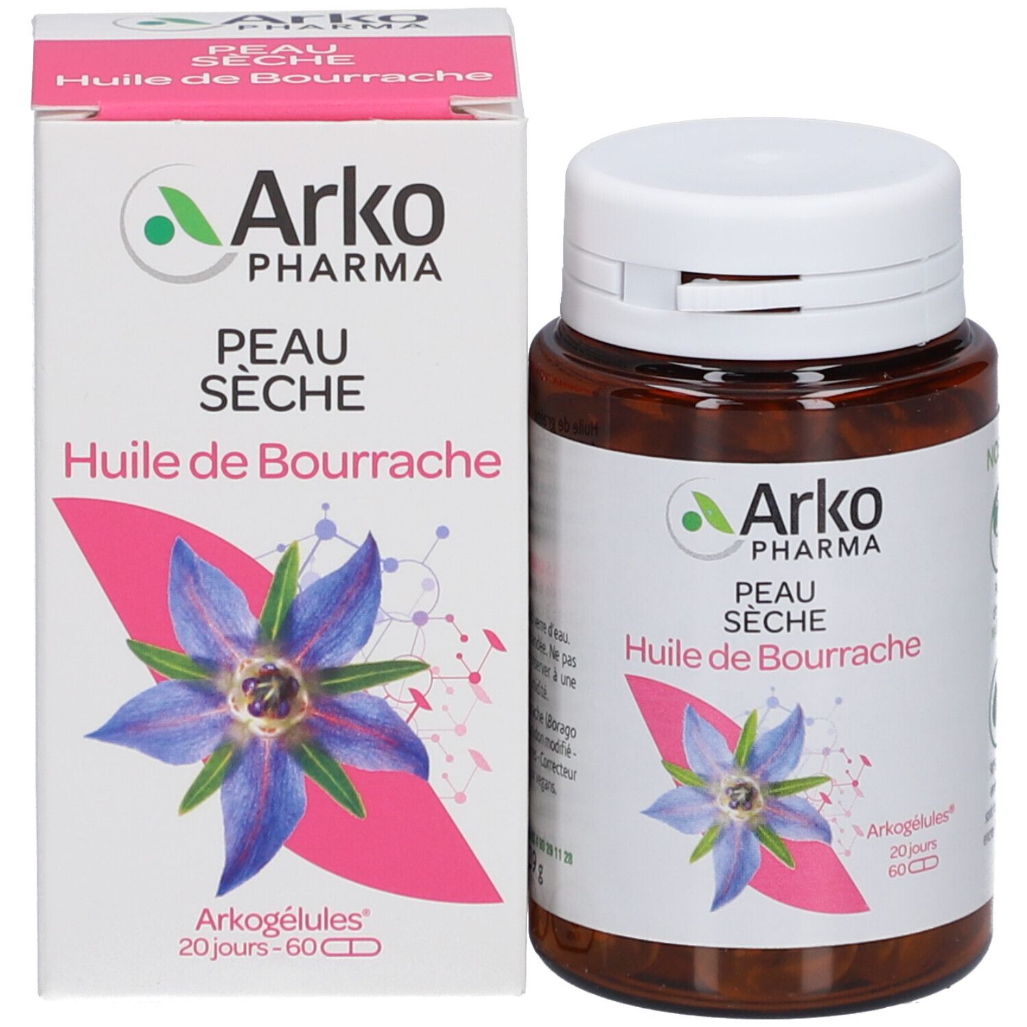 Flacon et boîte du produit. Boîte avec nom du produit, marque Arko Pharma et image de fleur. 60 gélules.