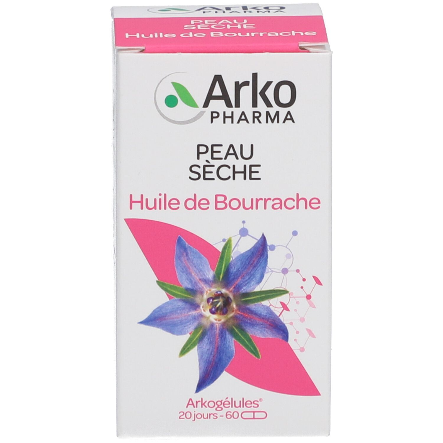 Emballage du produit. Boîte avec nom du produit, marque Arko Pharma et image de fleur. 60 gélules.