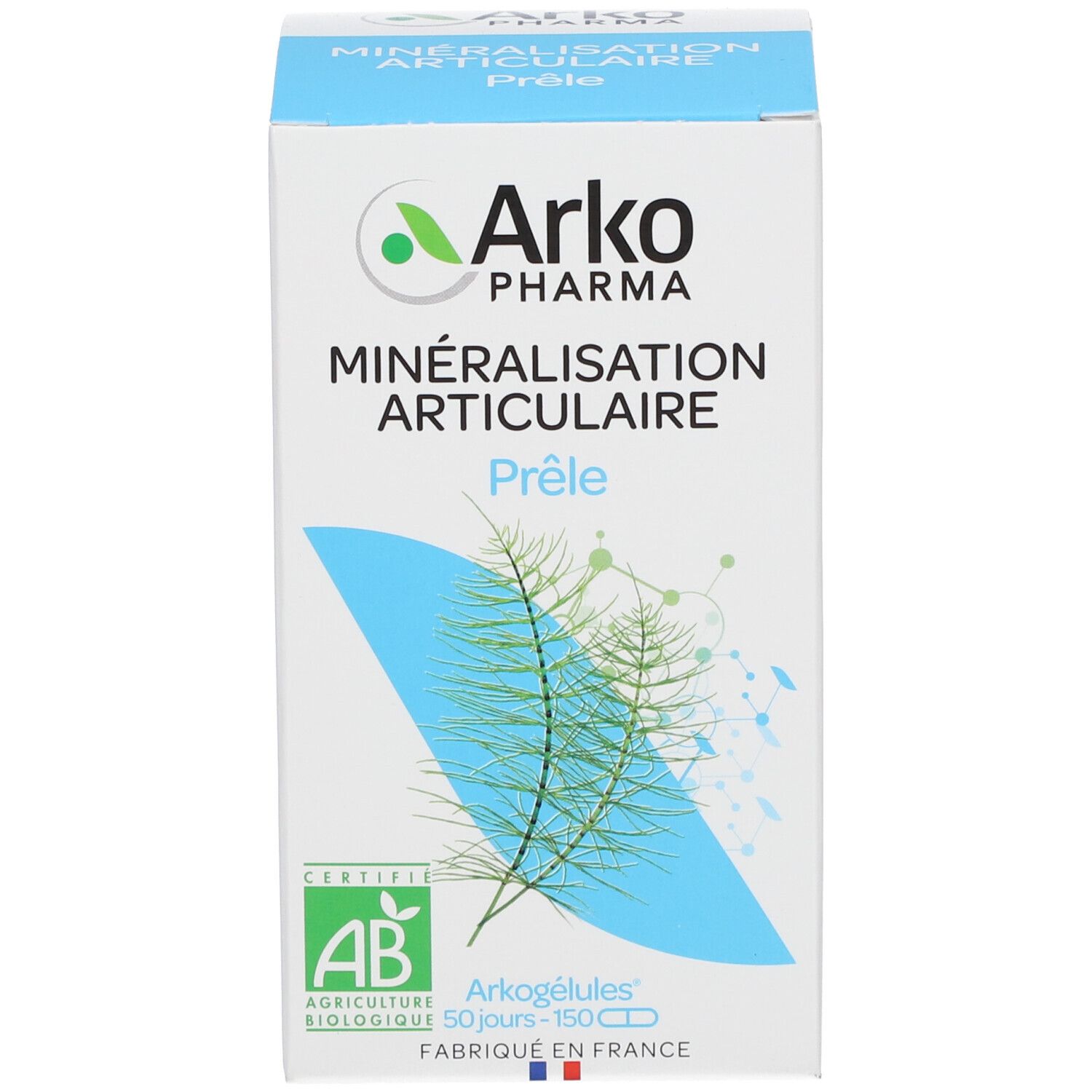 Boîte blanche avec informations produit et logo. Contient des gélules.