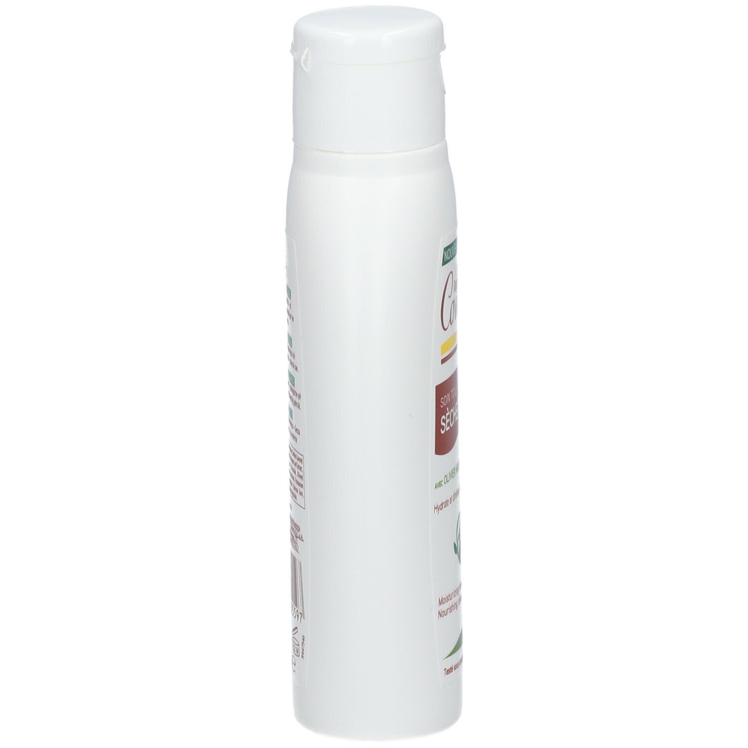 Flacon blanc avec bouchon rabattable, vue latérale. Inscription: Rogé Cavaillès, Soin Toilette Intime Sècheresse. Étiquettes avec texte. Code-barres.