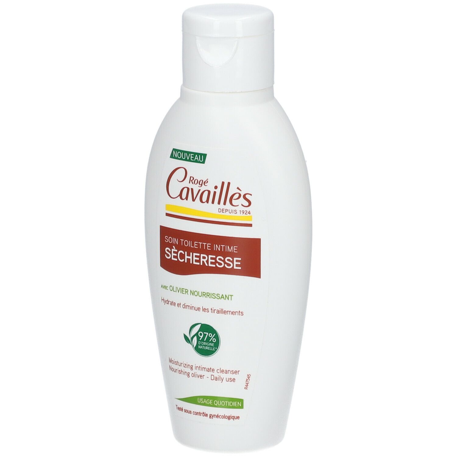Flacon blanc avec bouchon rabattable. Inscription: Rogé Cavaillès, Soin Toilette Intime Sècheresse. Étiquette marron-vert. 97% d'ingrédients d'origine naturelle.