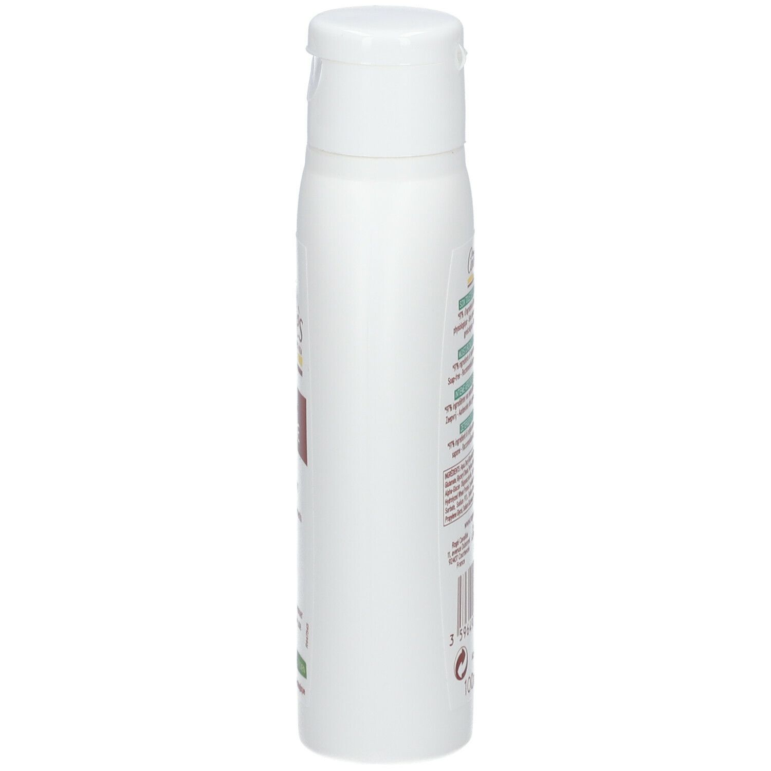 Flacon blanc avec bouchon rabattable, vue latérale. Inscription: Rogé Cavaillès, Soin Toilette Intime Sècheresse. Étiquettes avec texte. Code-barres.