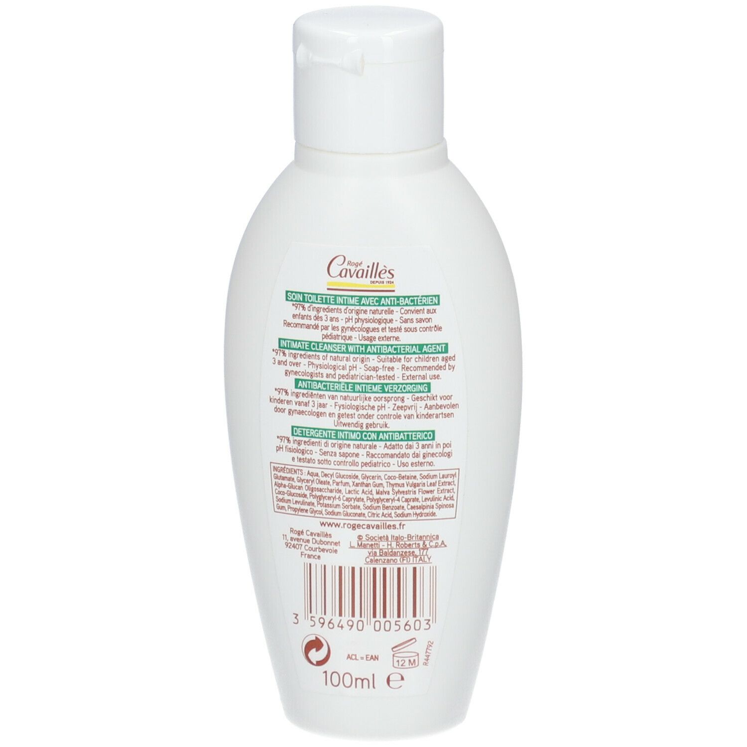 Dos d'un flacon blanc avec bouchon rabattable. Texte multilingue. Code-barres et indication de volume: 100ml.