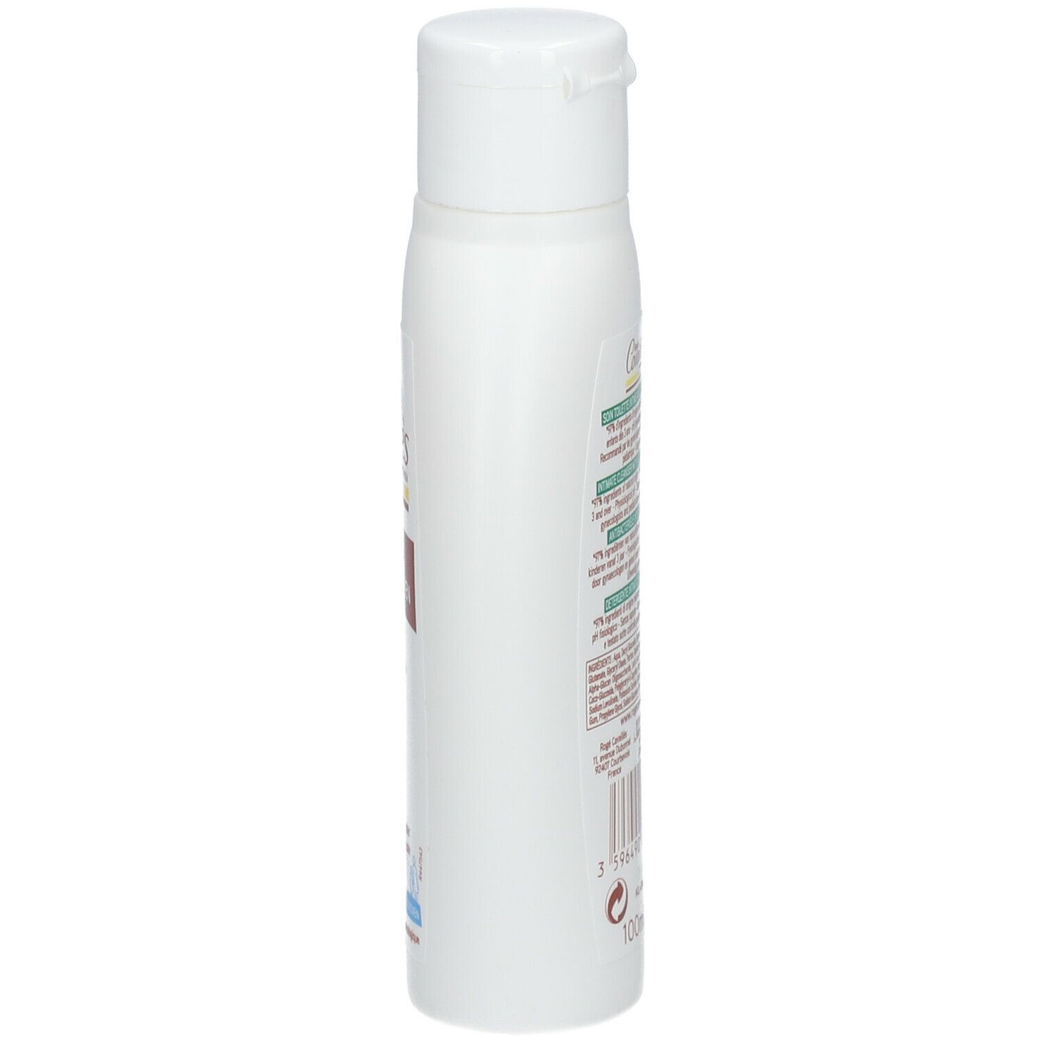 Vue latérale d'un flacon blanc avec bouchon rabattable. Texte multilingue. Code-barres et indication de volume: 100ml.