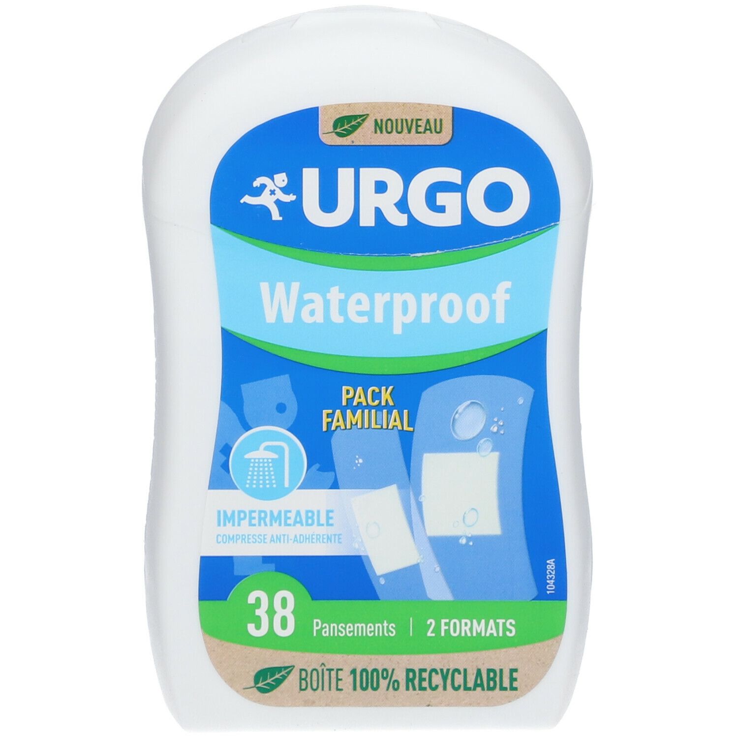 Boîte blanche URGO Waterproof. Contient 38 pansements, 2 formats. Pack familial. Boîte 100% recyclable.