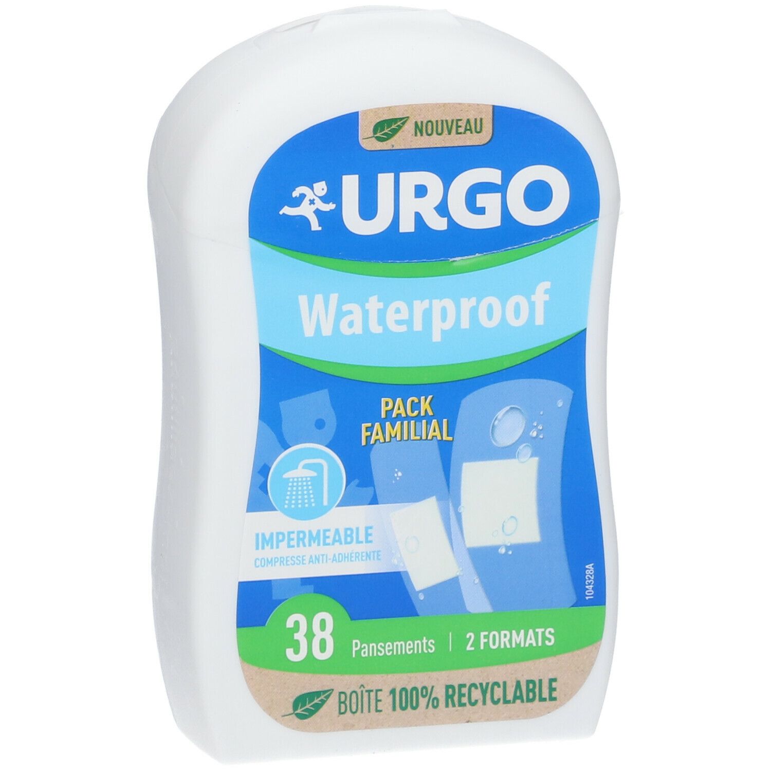 Boîte blanche URGO Waterproof. Contient 38 pansements, 2 formats. Pack familial. Boîte 100% recyclable.