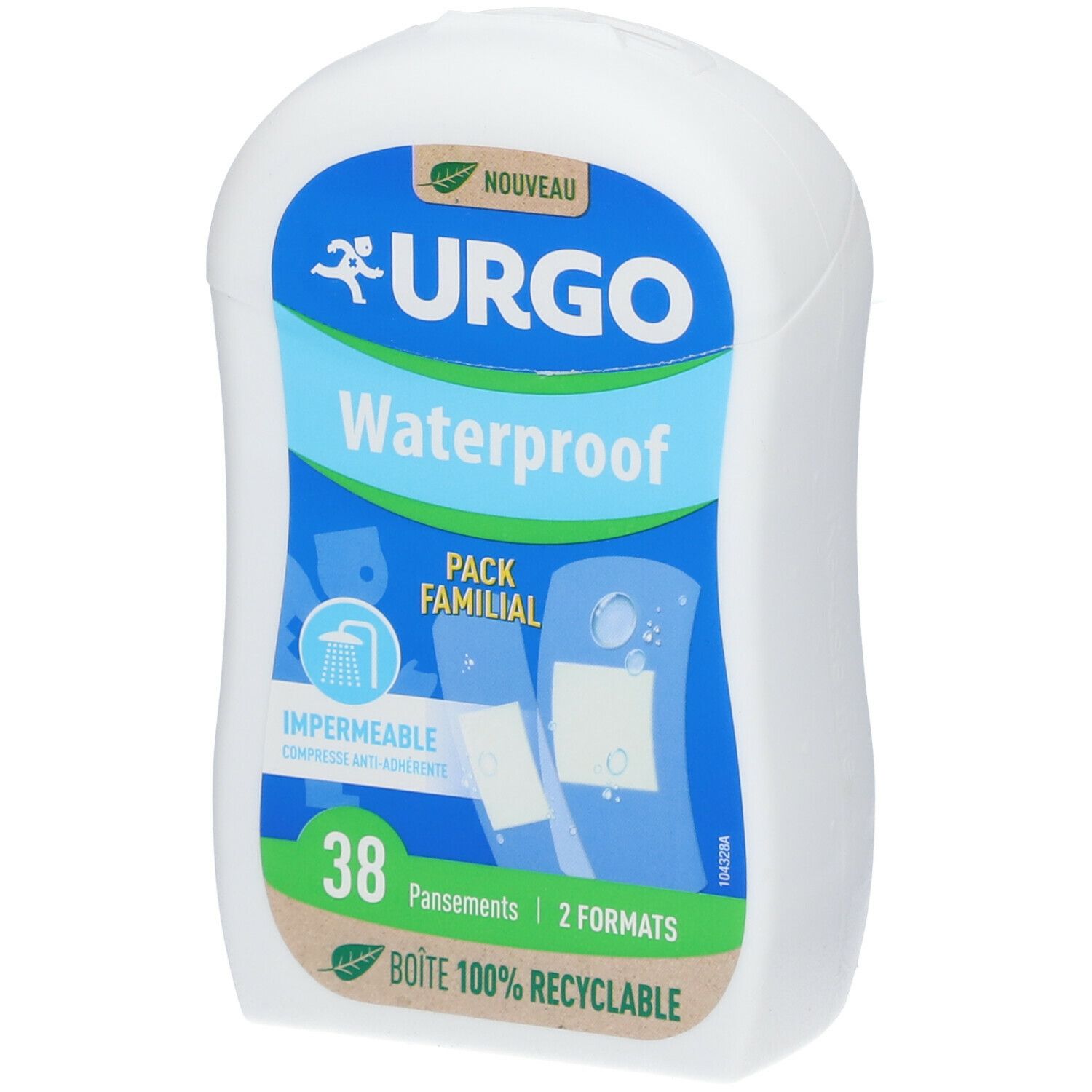 Boîte blanche URGO Waterproof. Contient 38 pansements, 2 formats. Pack familial. Boîte 100% recyclable.
