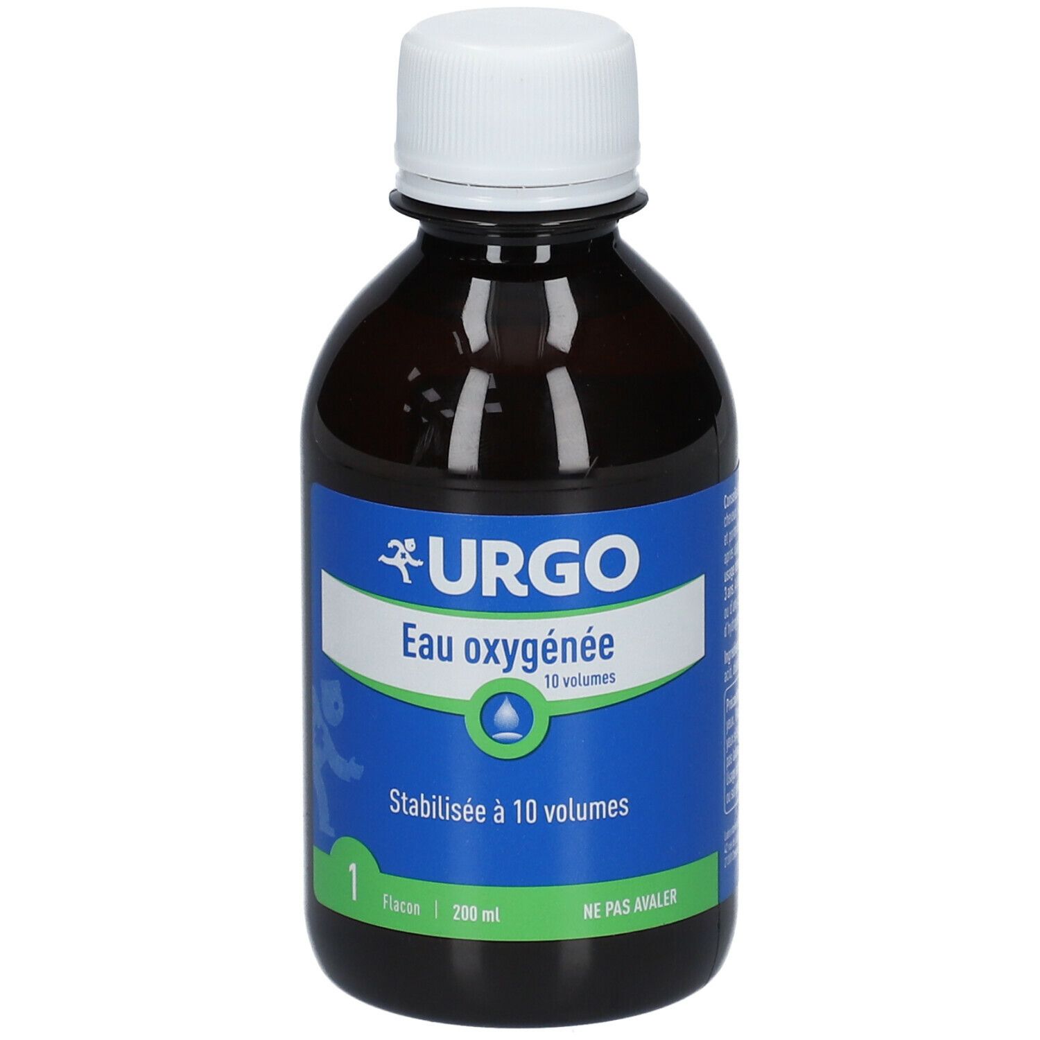 Flacon brun avec bouchon blanc. Étiquette bleue avec texte: URGO Eau oxygénée 10 vol. Stabilisée à 10 volumes. Flacon 200 ml.