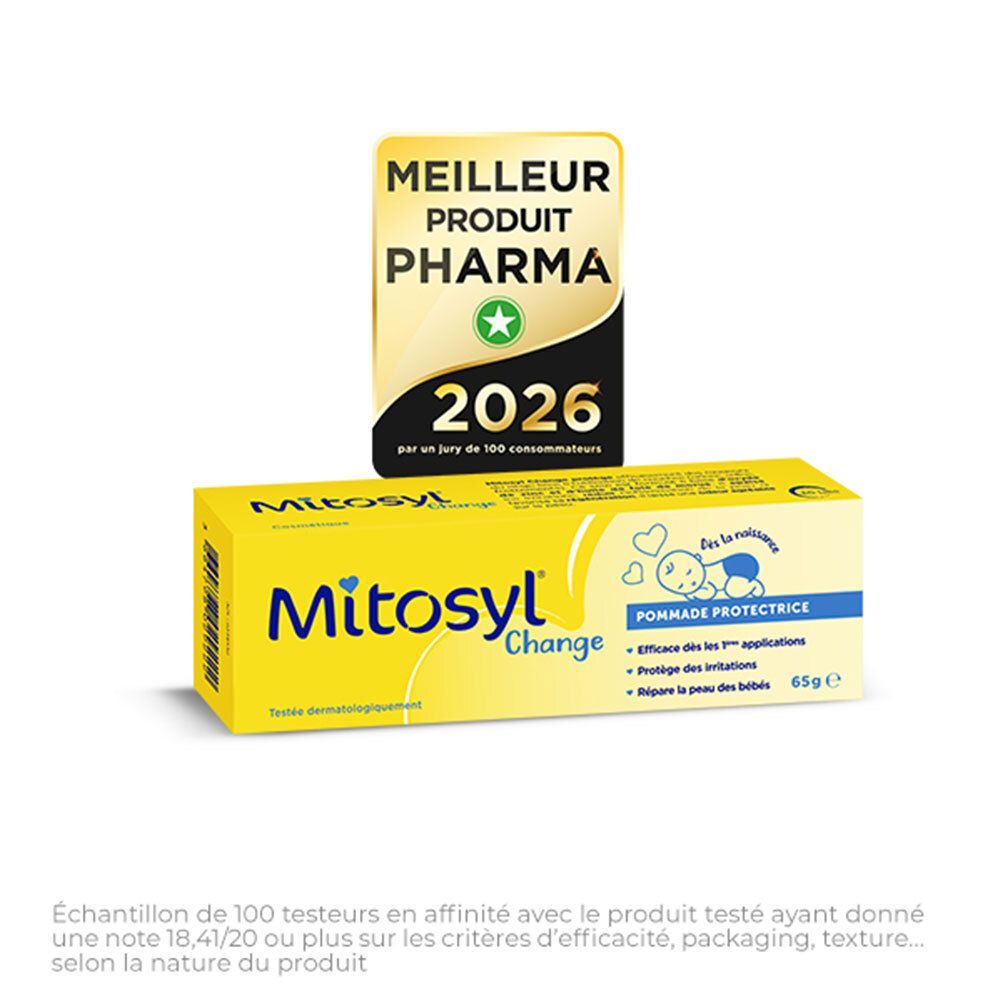 Boîte et tube jaunes avec nom du produit et label "Meilleur Produit Pharma 2026".
