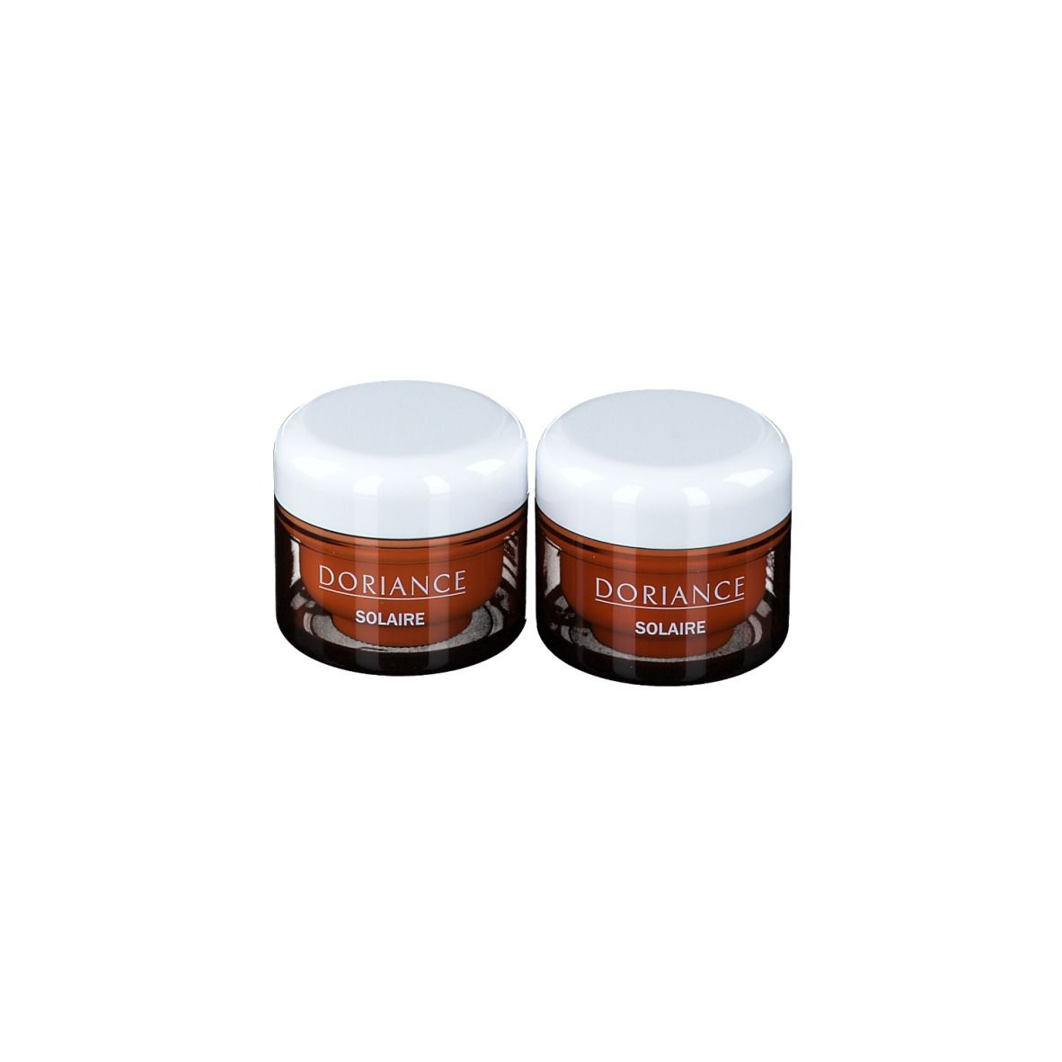 Deux petits pots bruns avec couvercles blancs. Inscription: Doriance Solaire.