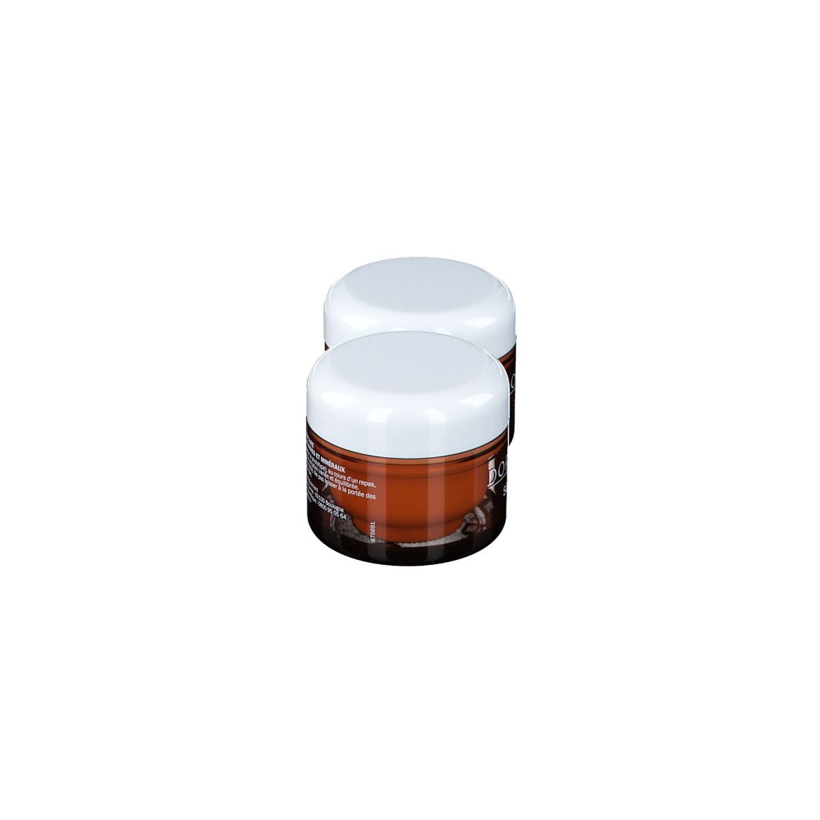 Deux petits pots bruns avec couvercles blancs. Inscription: Doriance Solaire.