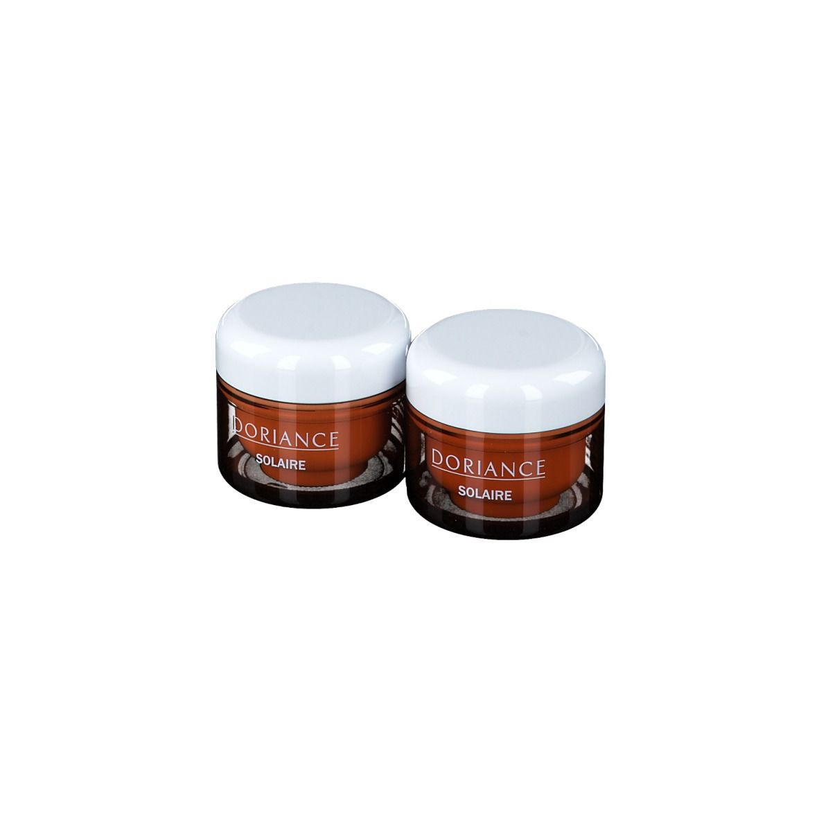 Deux petits pots bruns avec couvercles blancs. Inscription: Doriance Solaire.