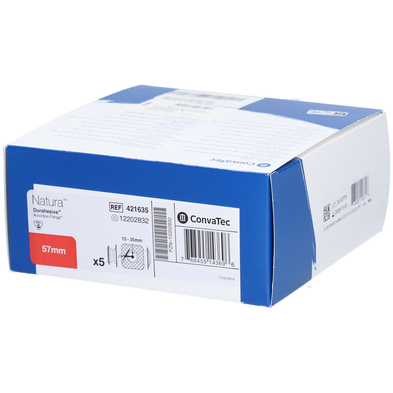 Boîte Natura Durasive, 57mm, contenant 5 pièces. Marque Convatec. Boîte bleue et blanche avec informations produit.