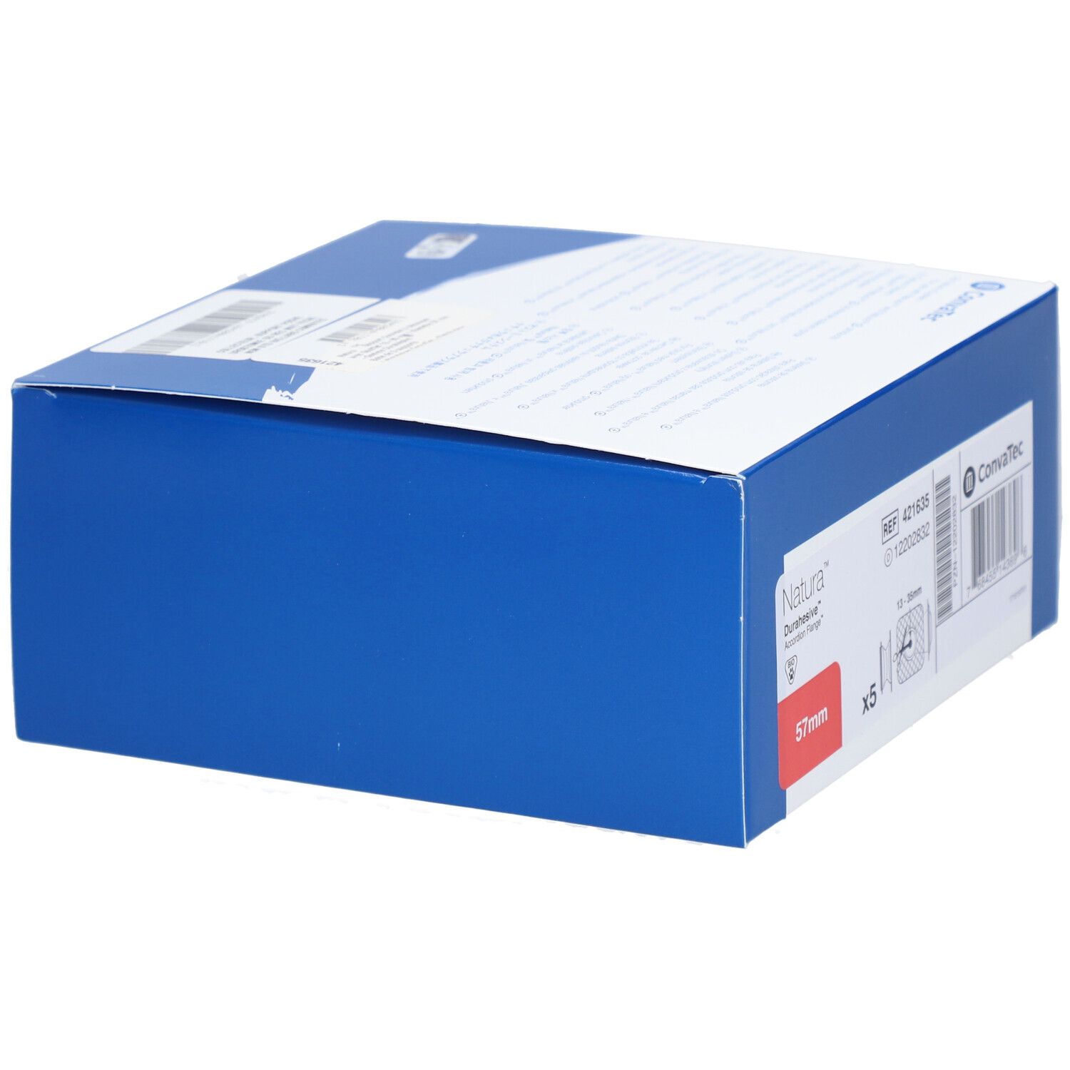 Côté bleu de la boîte Natura Durasive. Marque Convatec. Dessus blanc avec informations produit.