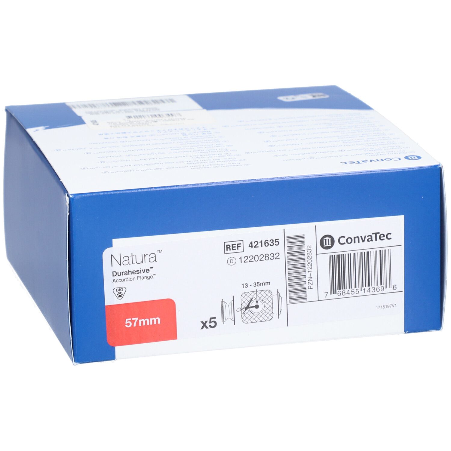 Boîte Natura Durasive, 57mm, 5 pièces. Marque Convatec. Informations et illustrations du produit.