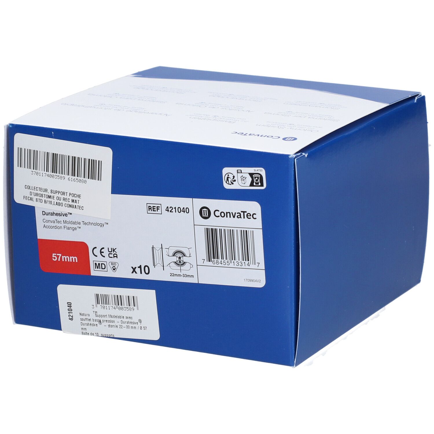 Boîte bleue et blanche. Inscriptions: Convatec, 57mm, x10. Nom du produit et informations sur les étiquettes.