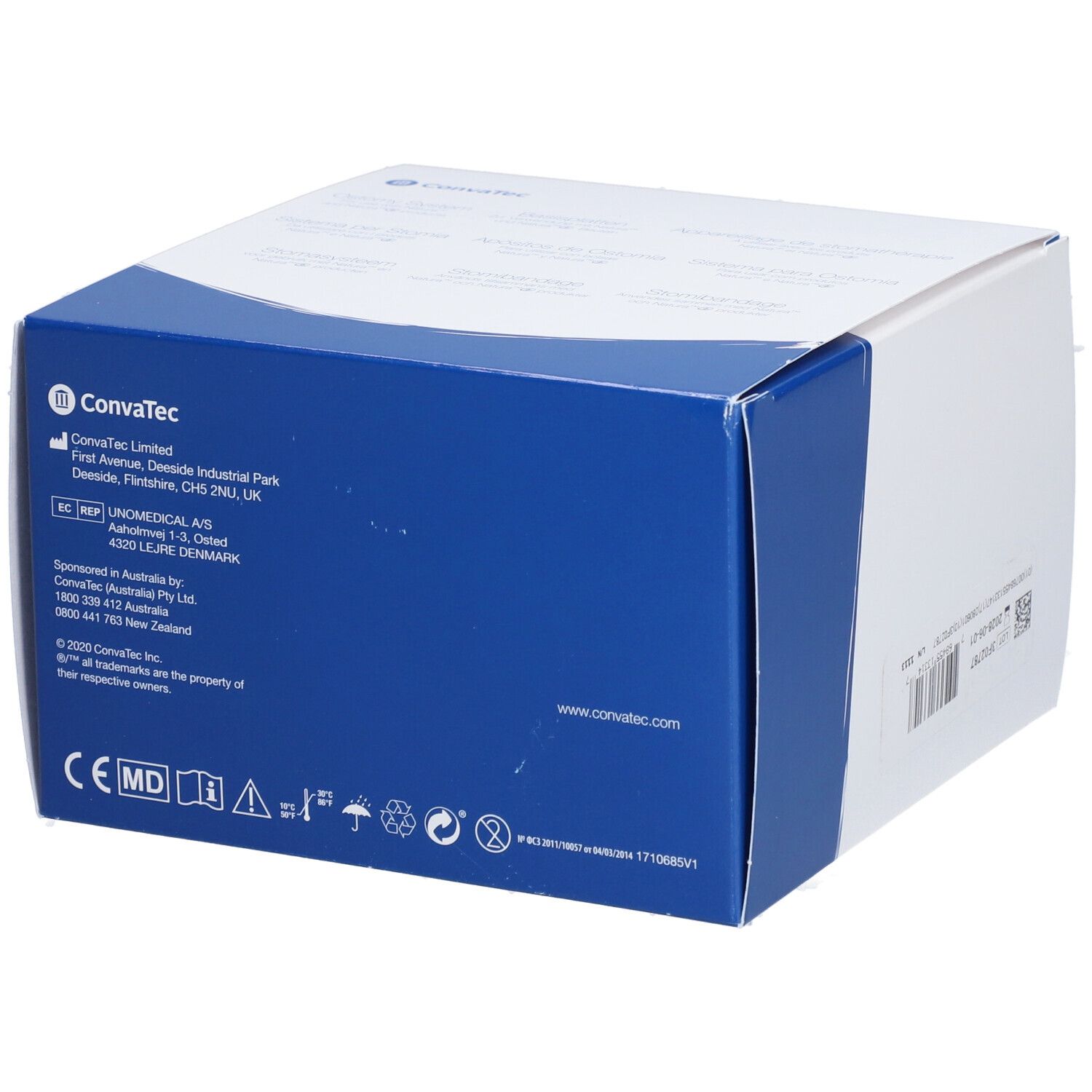 Boîte bleue et blanche. Inscription: Convatec. Informations sur le fabricant et certifications.
