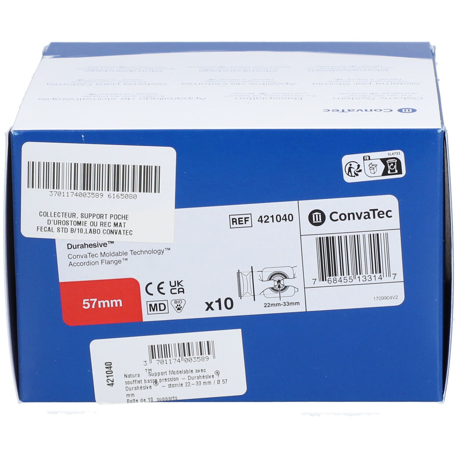 Boîte bleue et blanche. Inscriptions: Convatec, 57mm, x10. Nom du produit et informations sur les étiquettes.