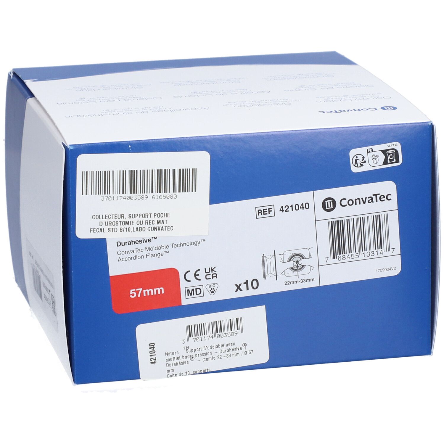 Boîte bleue et blanche. Inscriptions: Convatec, 57mm, x10. Nom du produit et informations sur les étiquettes.
