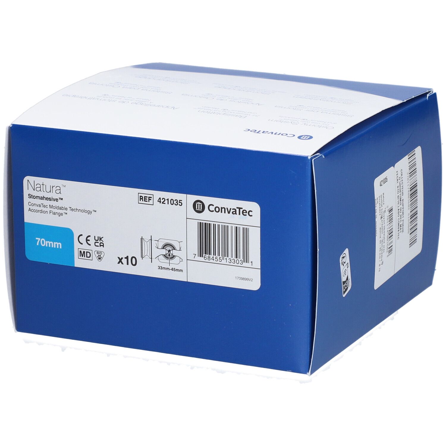 Boîte de produit bleue et blanche. Natura Stomahesive, 70mm, x10. Logo Convatec. Dispositif médical.