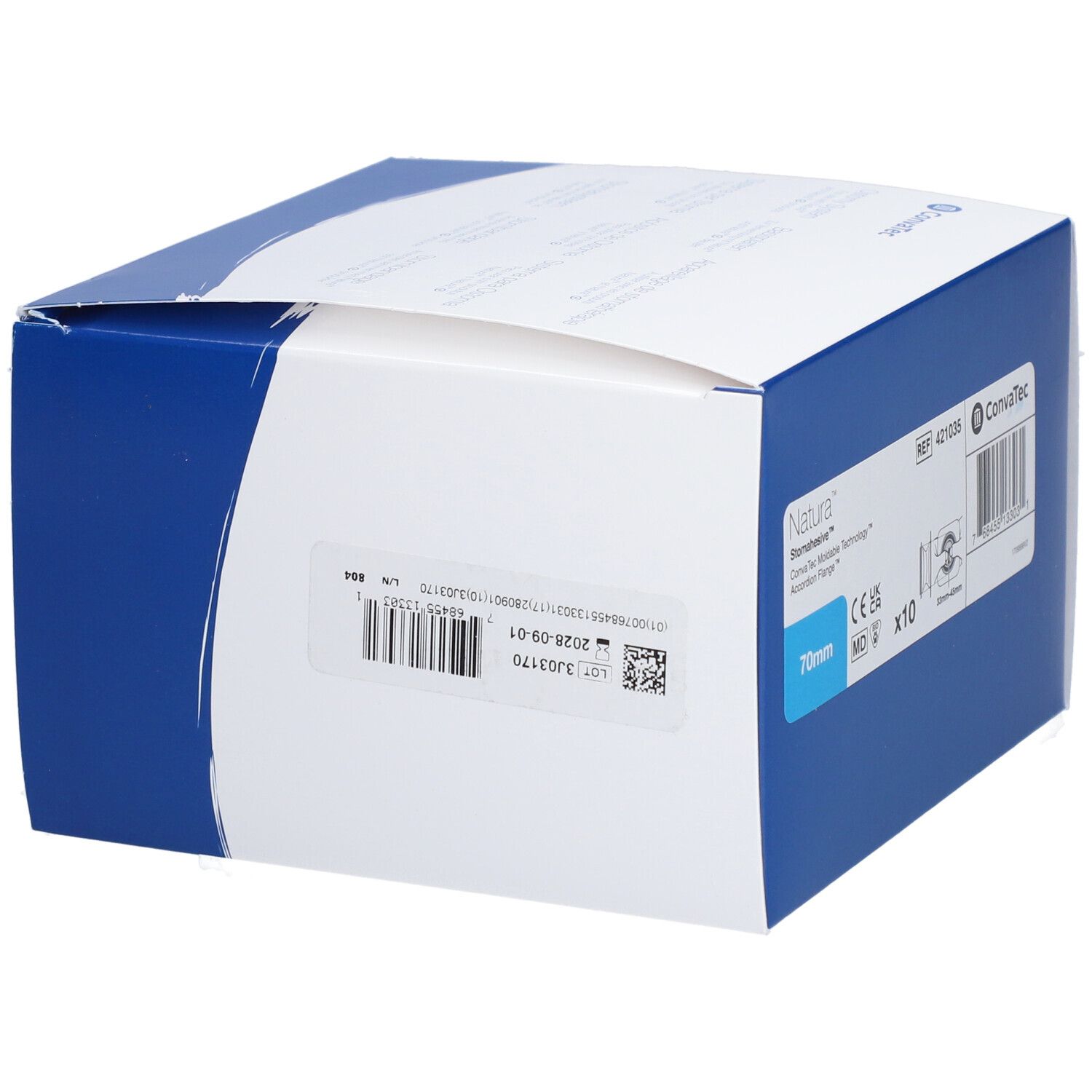 Boîte de produit bleue et blanche. Natura Stomahesive, 70mm, x10. Logo Convatec. Dispositif médical.