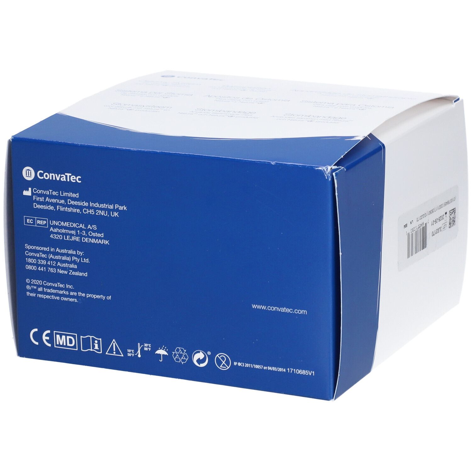 Dos de la boîte du produit. Logo Convatec. Dispositif médical. Informations fabricant et distributeur.